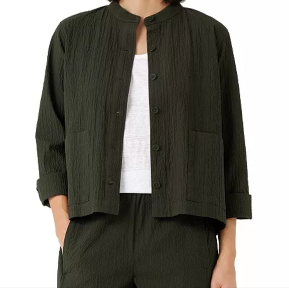 Jackets & Blazers - Eileen Fisher Organic Cotton Pucker Mandarin Collar Jacket in Seaweed XS/P